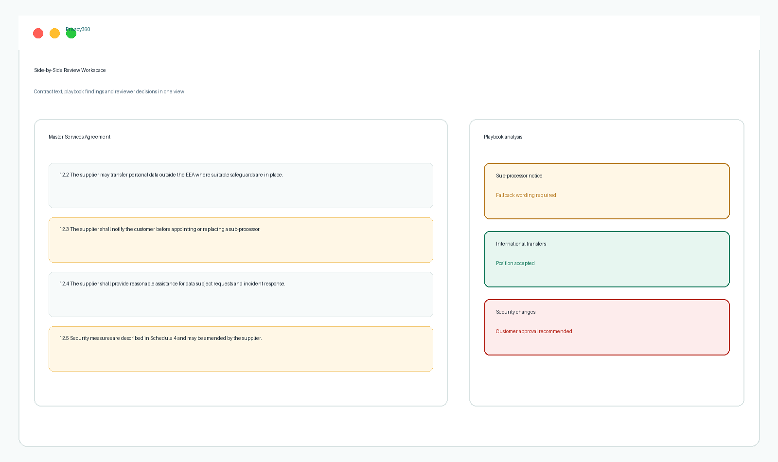 Privacy360 Contract Review side-by-side workspace