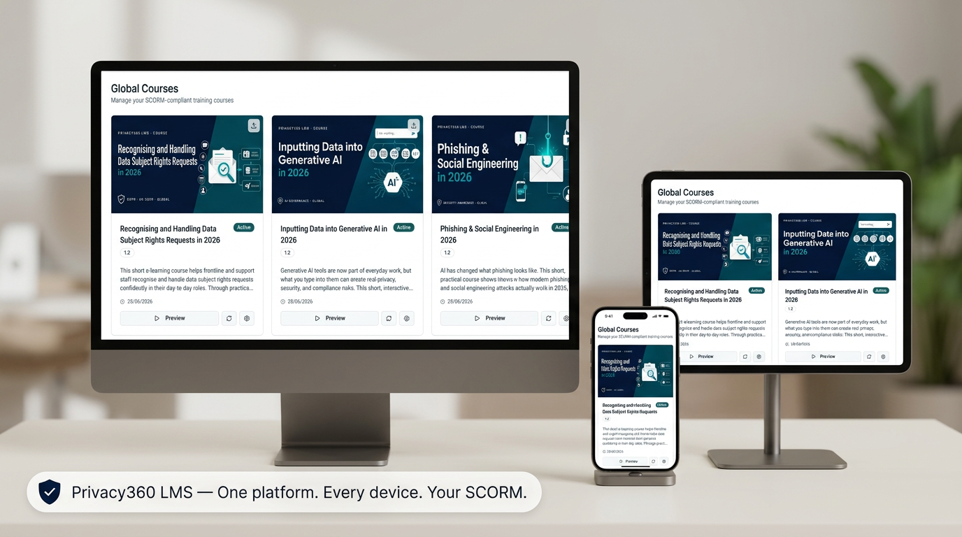 Privacy360 LMS shown across desktop, tablet and mobile with the 2026 global course library