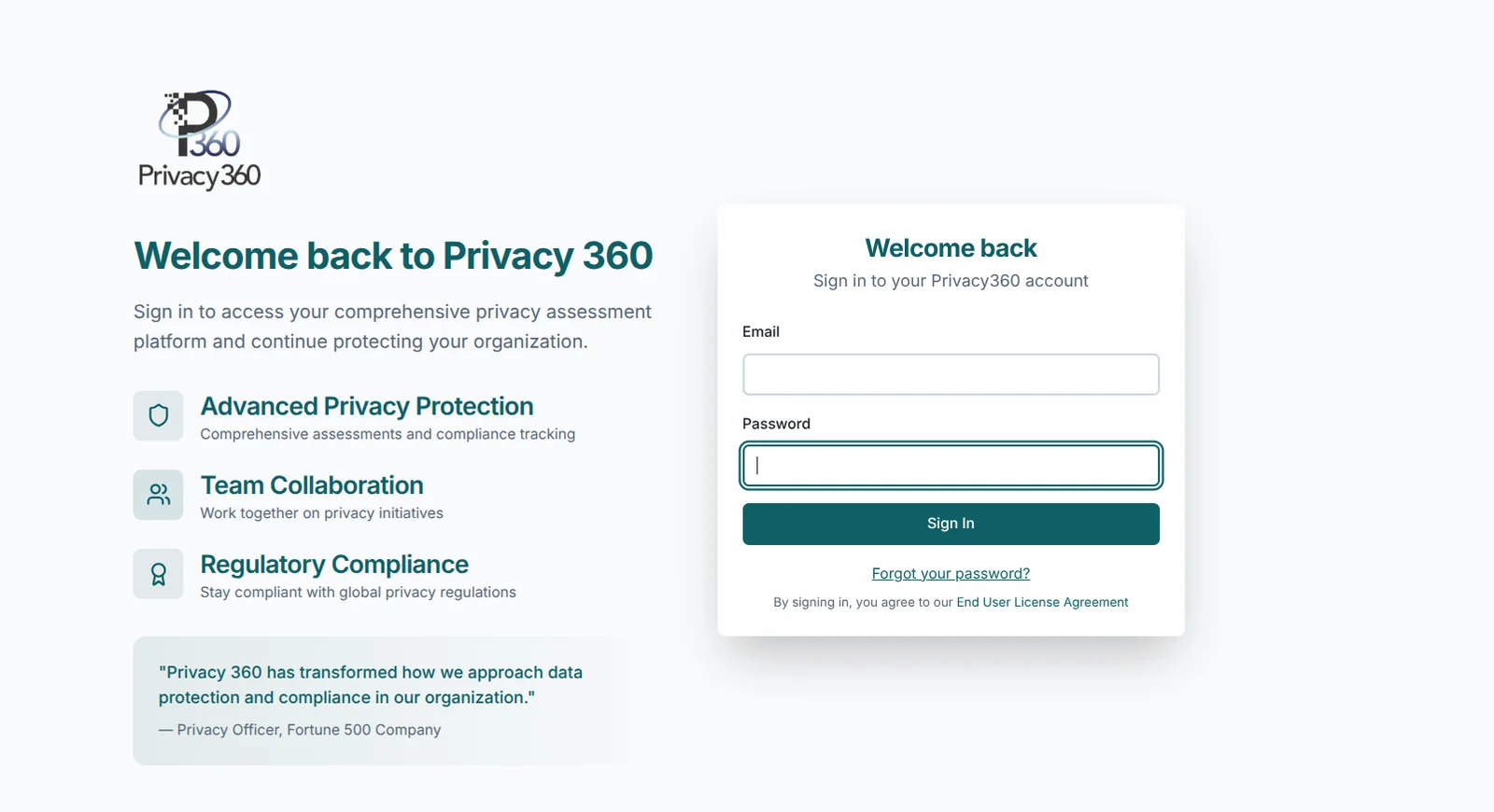 Privacy360 sign-in screen — the platform your privacy and AI governance team signs into every day