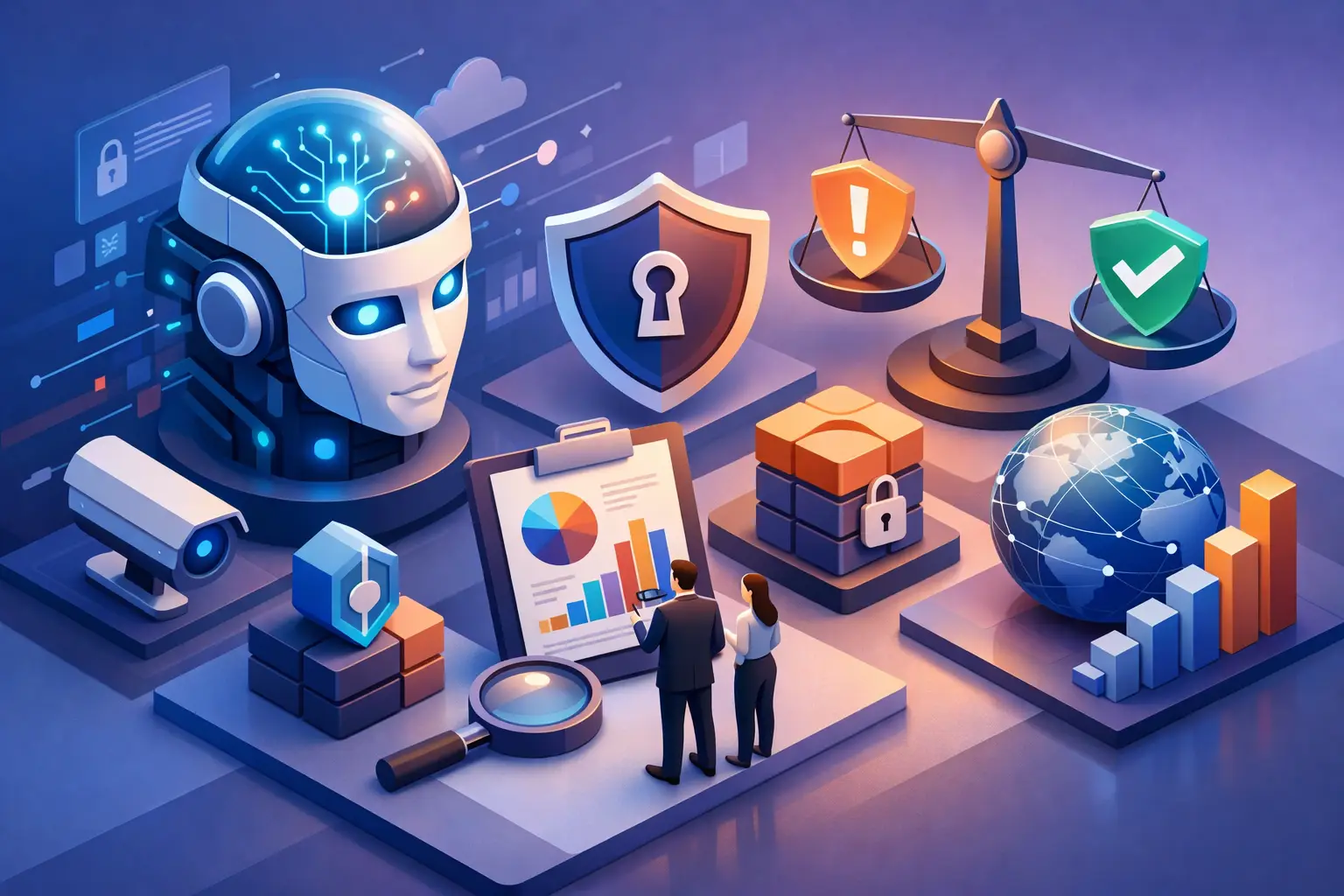 Isometric illustration of AI assurance with an AI head, security shield, risk scales, evidence clipboard and governance analysts reviewing dashboards