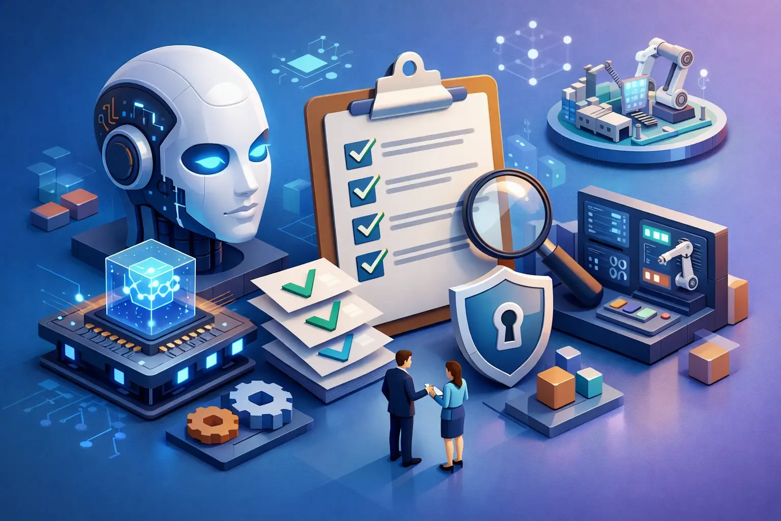 Isometric illustration of an AI bill of materials checklist with robot head, clipboard, magnifier and security shield
