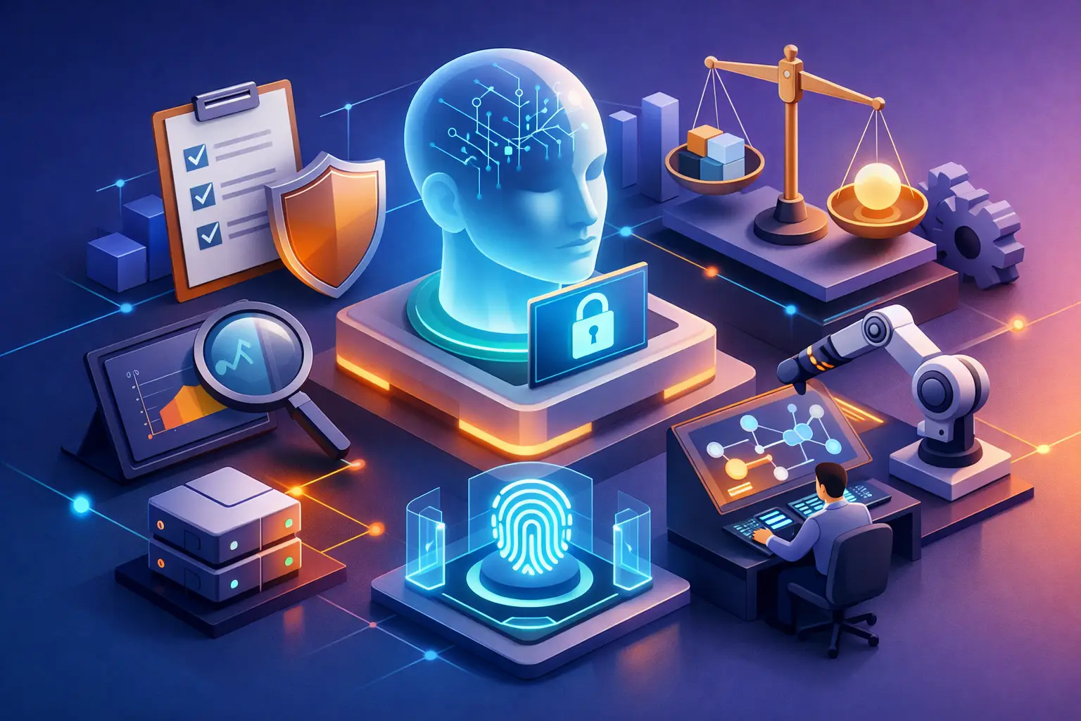 3D illustration of AI governance controls with an AI head hologram, checklist, shield, scales of justice and governance dashboards