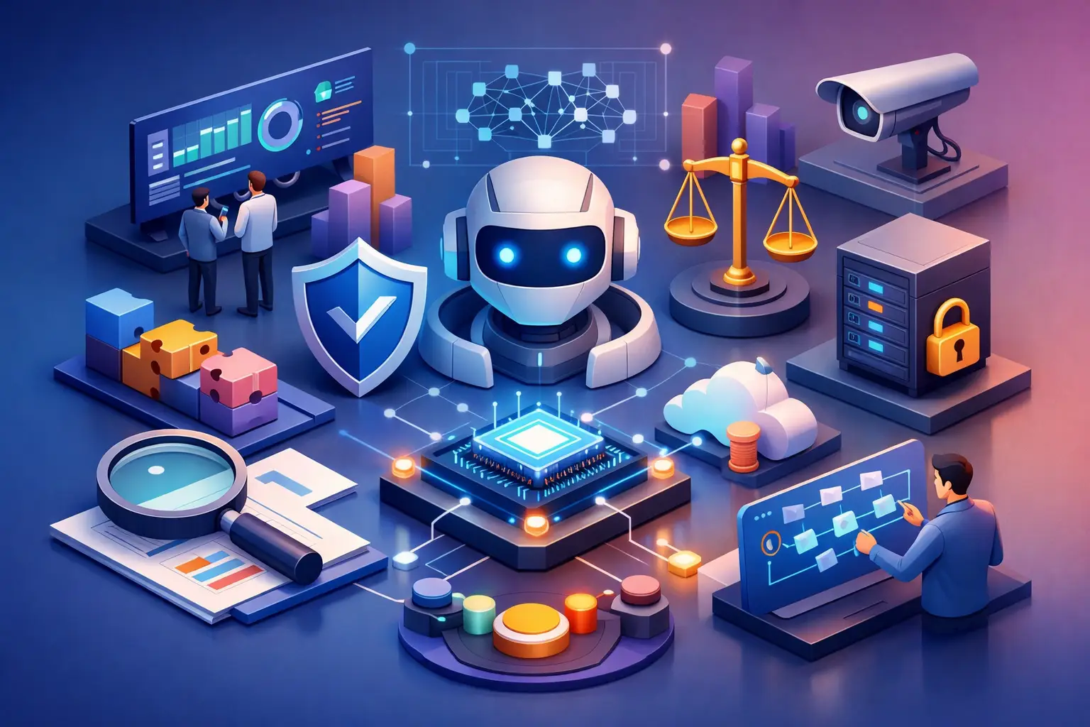 Isometric illustration of AI governance implementation showing a robot, shield, scales of justice, dashboards, chip, cloud and workflow screens