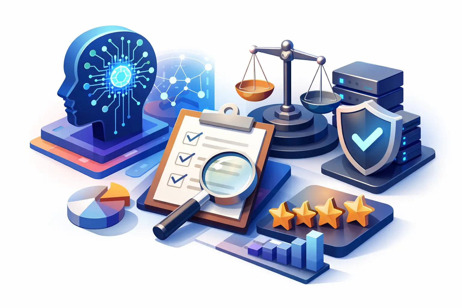 3D illustration of AI governance software review criteria with checklist, magnifier, scales of justice and security shield
