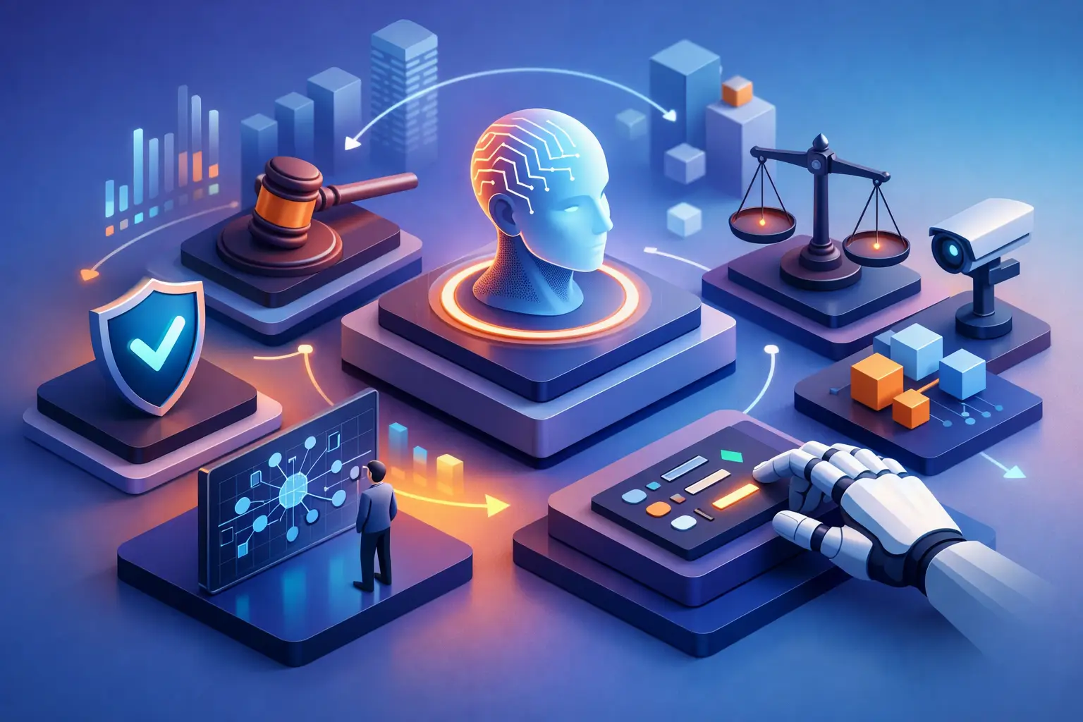 3D illustration of AI governance trends with gavel, AI head, scales of justice and monitoring dashboards
