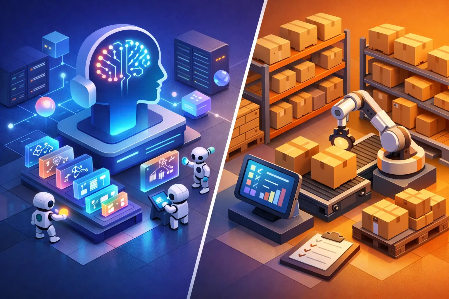 Split isometric illustration contrasting an AI system environment with a warehouse inventory of boxes