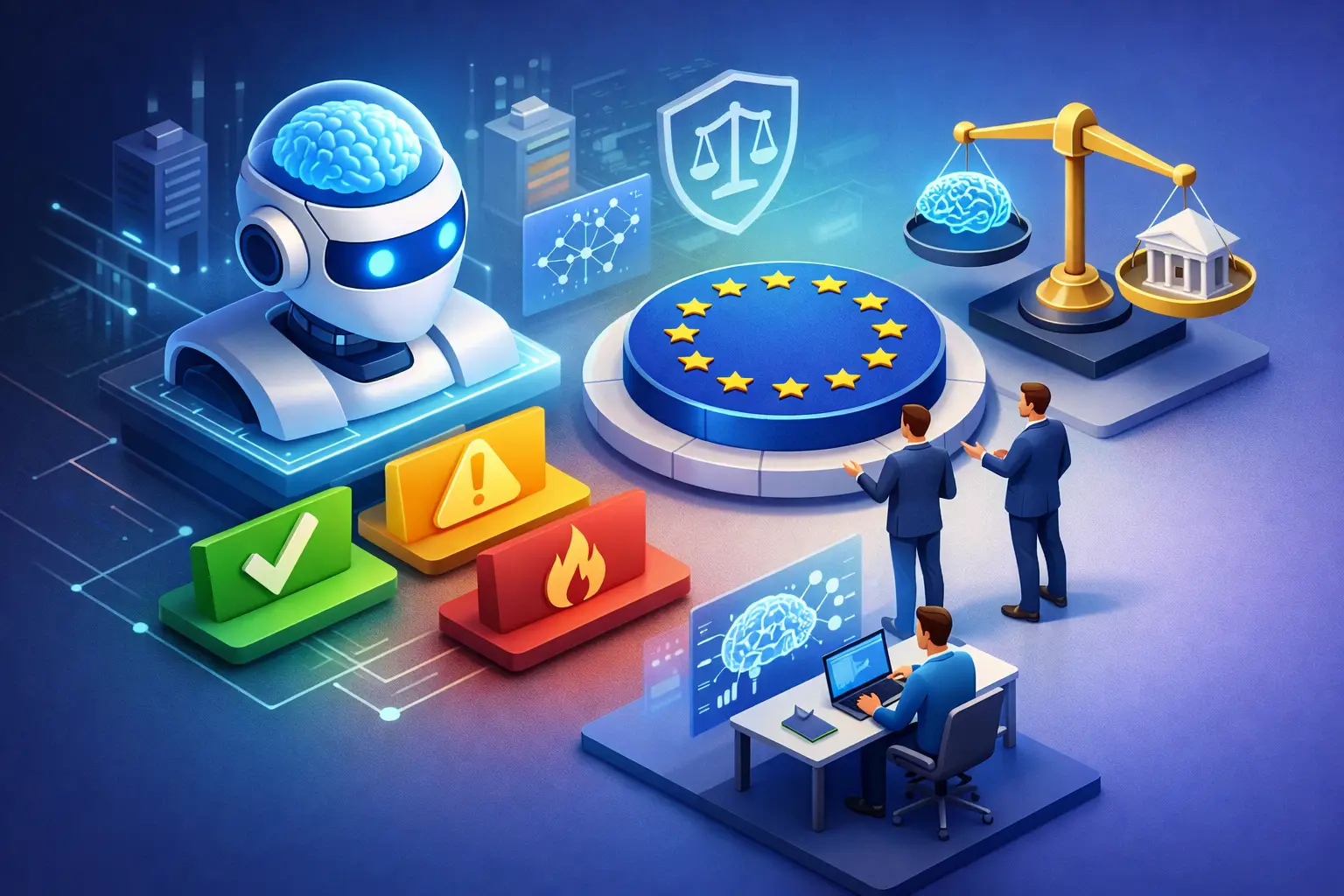 3D illustration of EU AI Act risk classification with robot, EU flag platform, risk tiers and reviewers at a dashboard