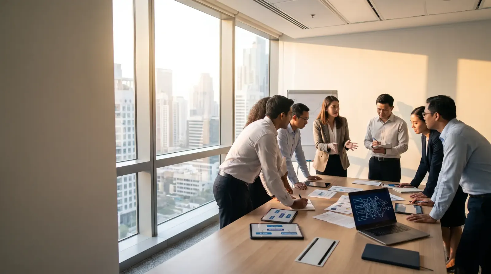 Cross-functional governance team reviewing AI risk documentation in a city office meeting room