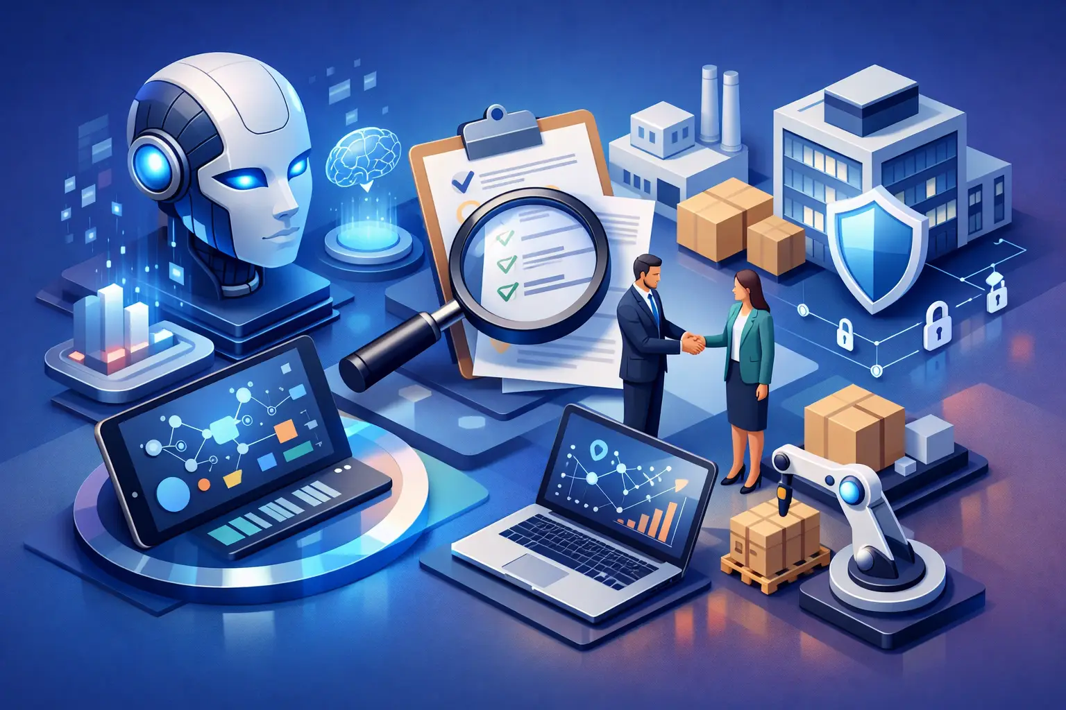 Isometric illustration of AI supplier due diligence with checklist, magnifying glass, handshake and supply chain icons