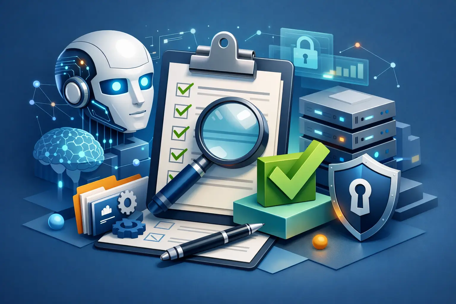 3D illustration of an AI vendor due diligence checklist with clipboard, magnifier, AI head, servers and security shield