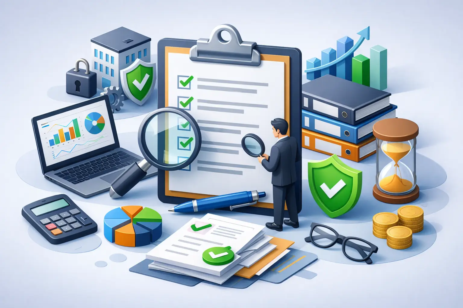 Illustration of an audit readiness compliance checklist with clipboard, magnifying glass, laptop dashboard, shield, folders and hourglass