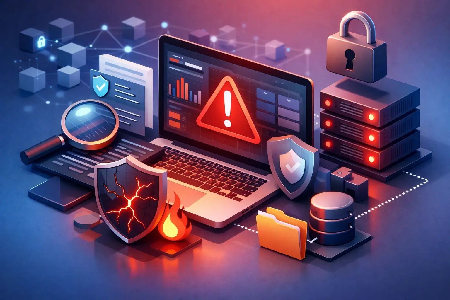 Isometric illustration of a breach alert on a laptop with shields, servers and incident folders representing structured breach logging