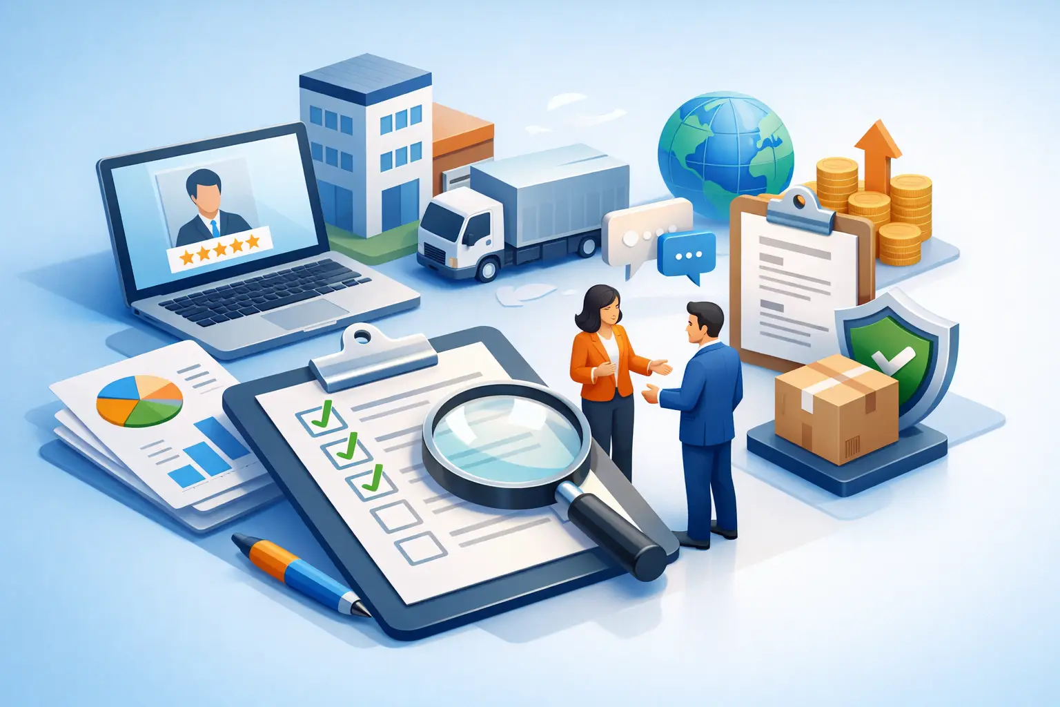 Isometric illustration of vendor assessment with clipboard checklist, magnifying glass, supplier meeting and performance charts