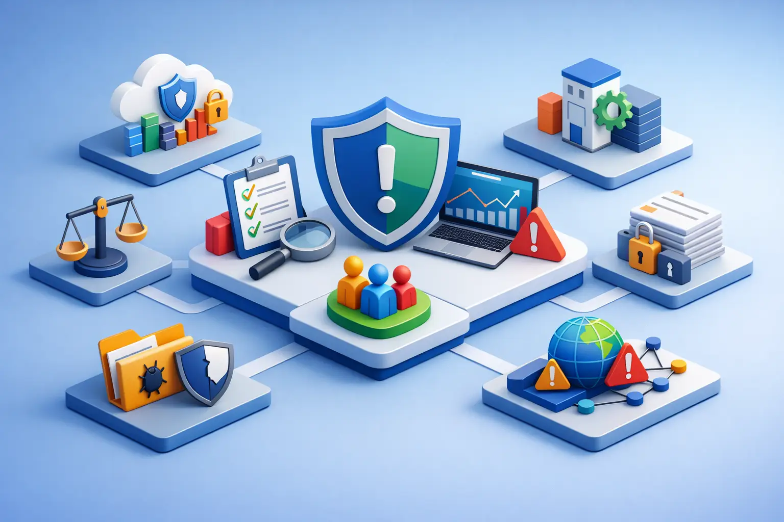 Isometric illustration of vendor risk platforms with supplier reviews, evidence, dashboards and global third-party oversight