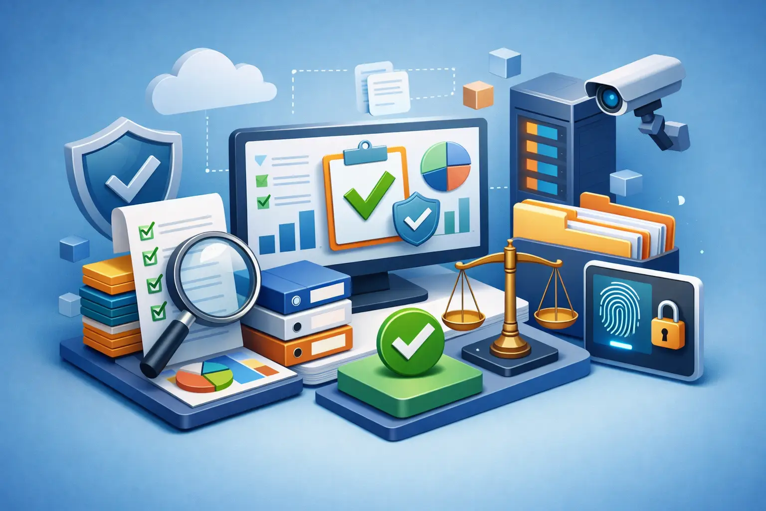 3D illustration of compliance evidence: audit checklist under a magnifier, dashboards, binders, scales of justice and secured data records