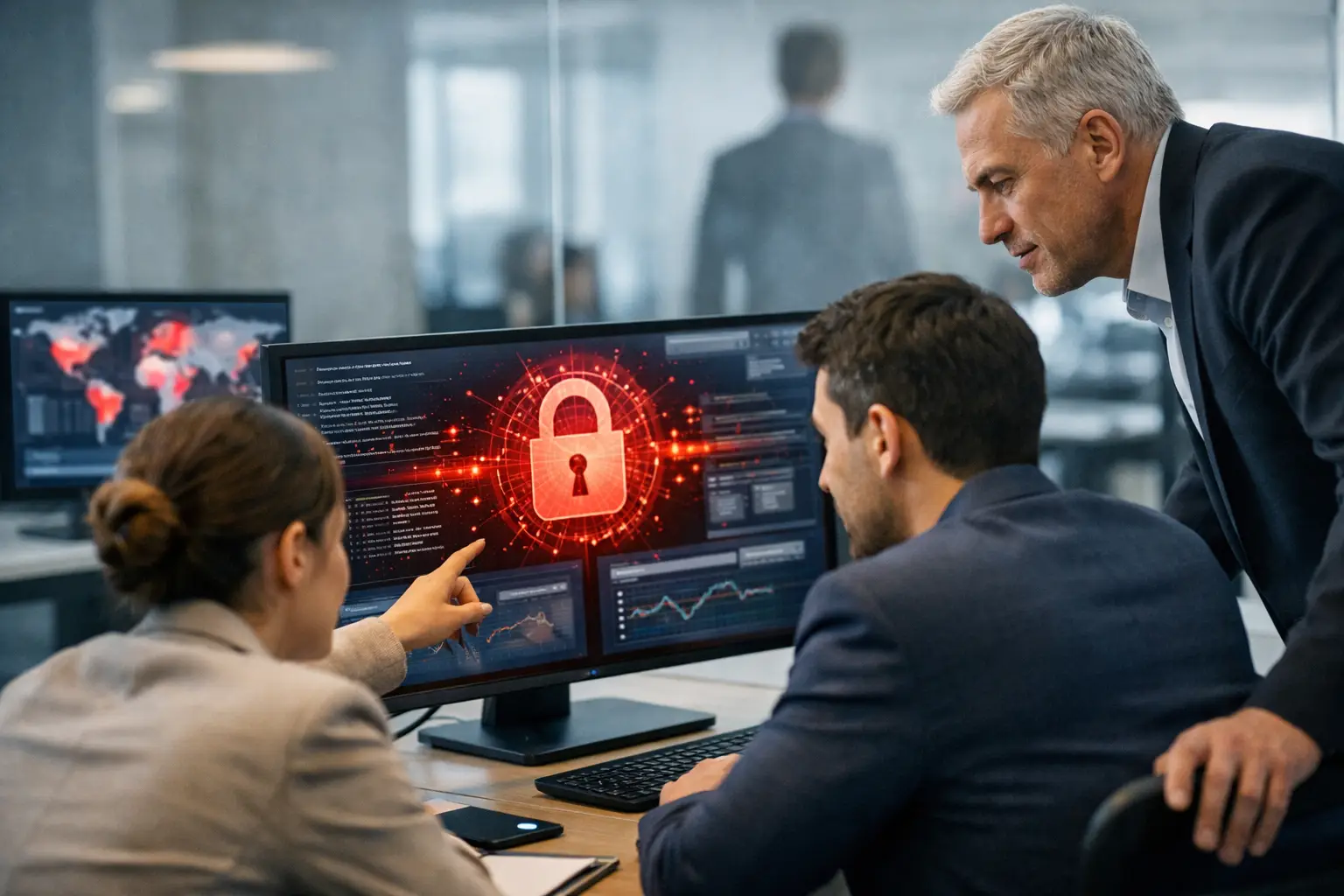 Governance team reviewing a security breach alert on a monitor showing a red padlock warning and access logs
