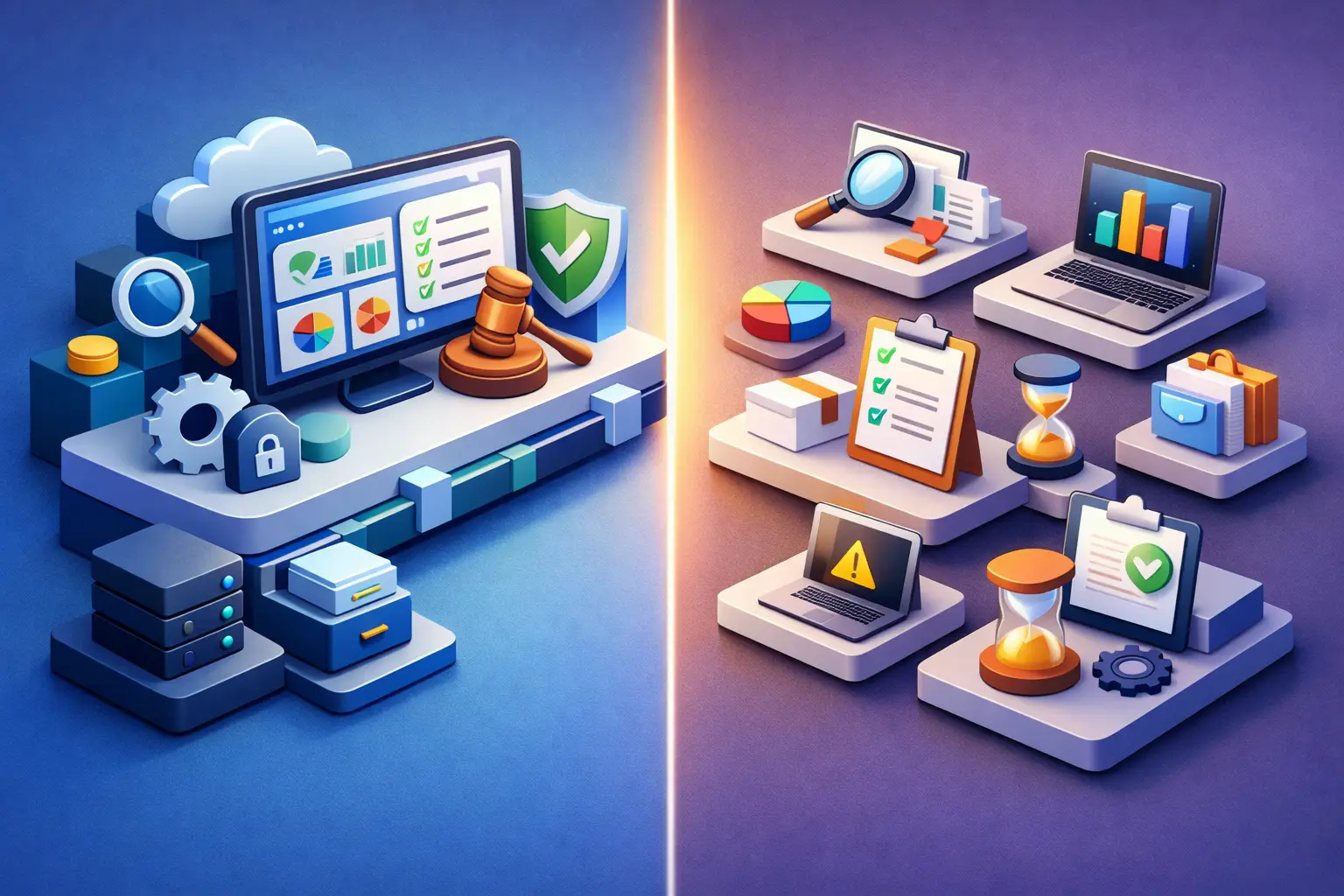 Isometric illustration comparing a centralised compliance system on the left with a scattered set of point tools on the right