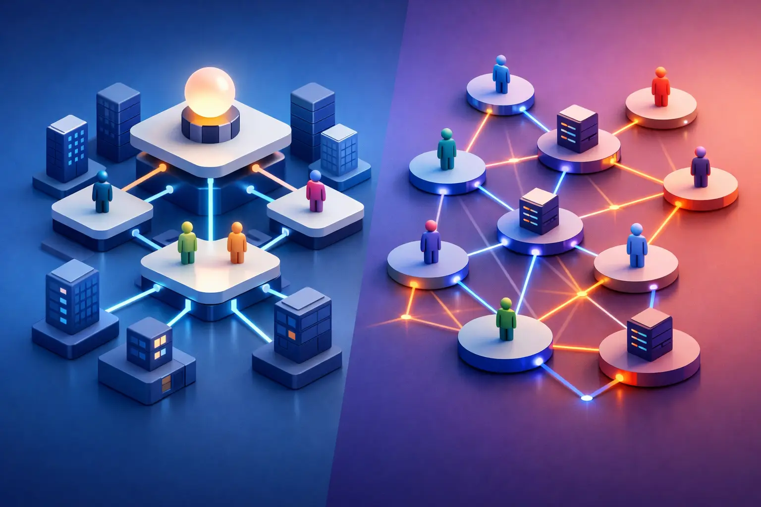 Split isometric illustration comparing a centralised records hub with a decentralised network of distributed record owners