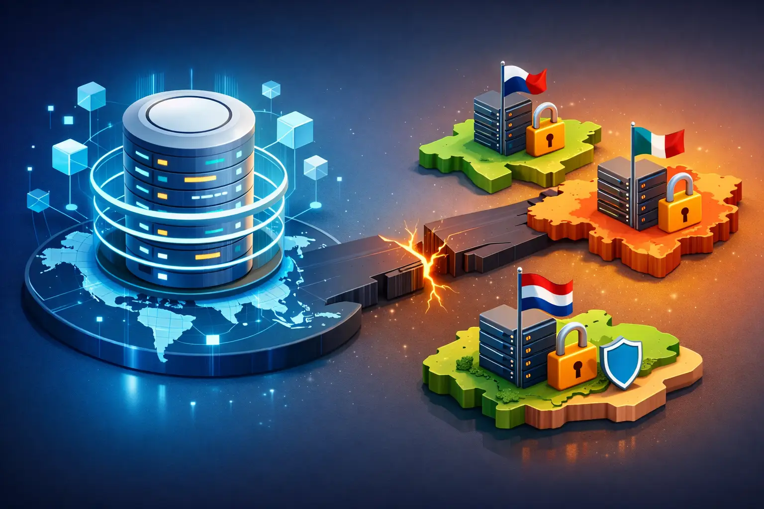 Central global data hub connected to fractured regional data centres flying EU flags, illustrating localisation failure