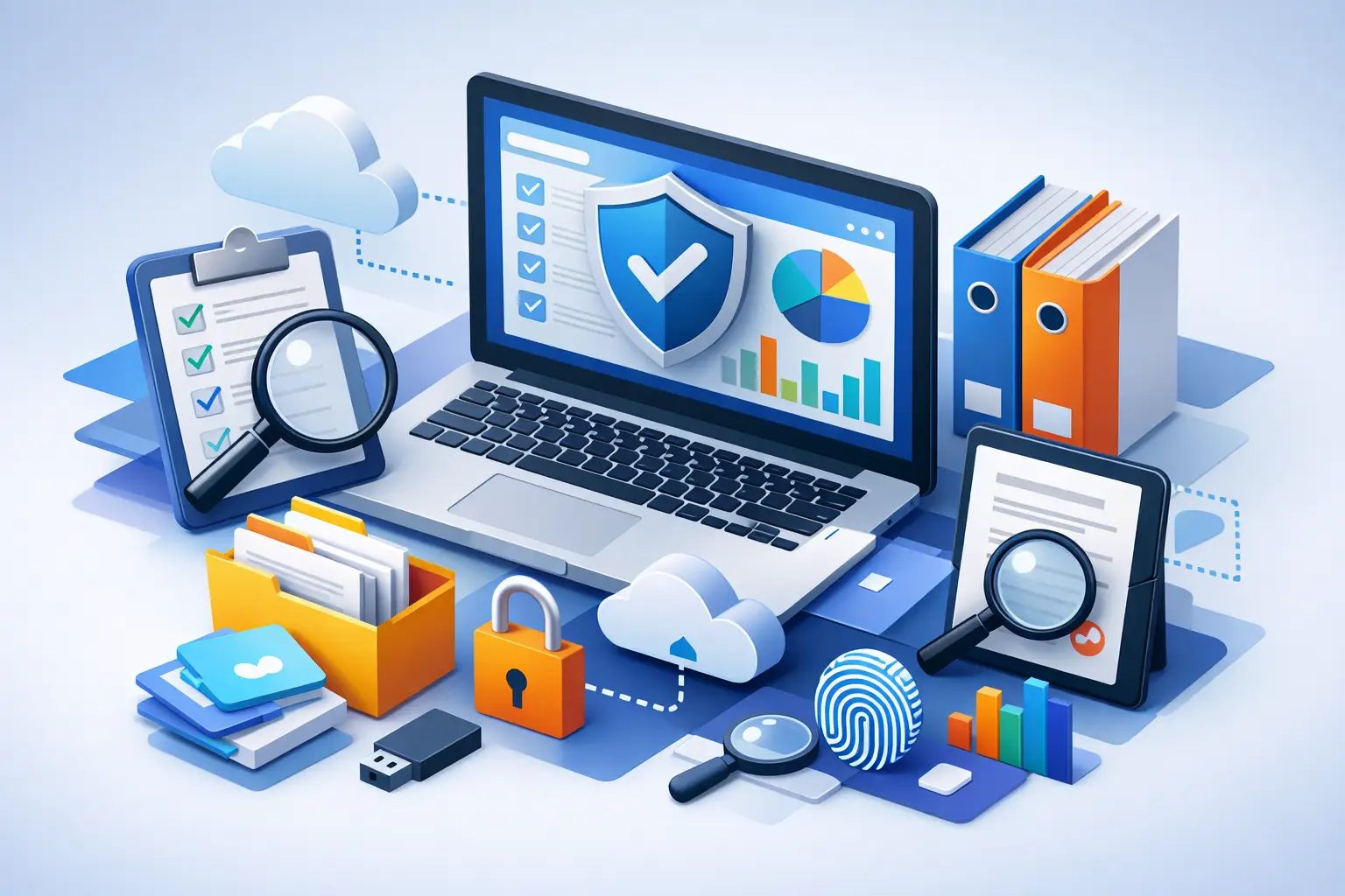 Illustration of compliance evidence collection software with laptop dashboard, shield, audit checklist, folders, padlock and fingerprint icons