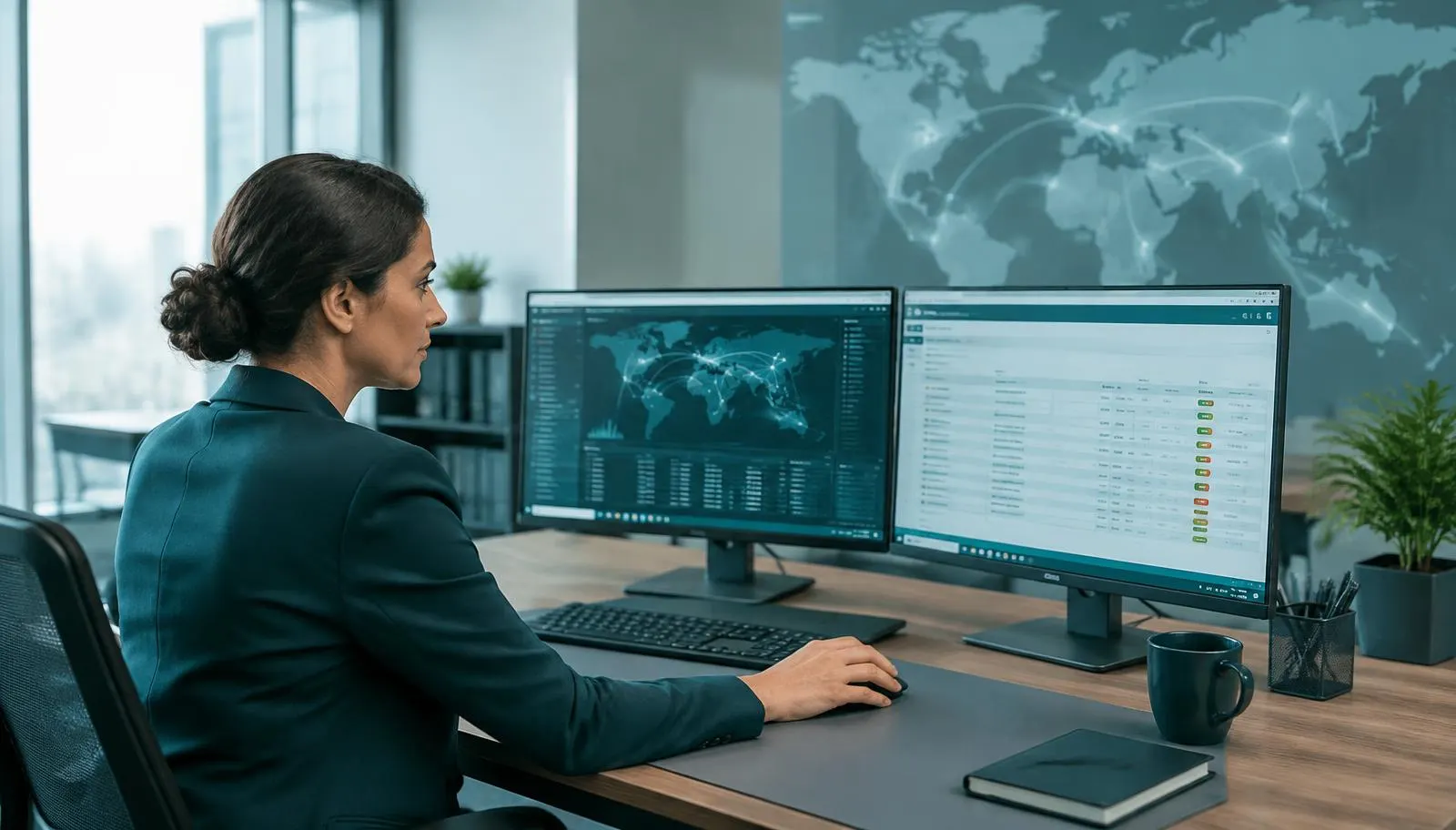 Compliance officer reviewing supplier risk records and cross-border data flows on dual monitors