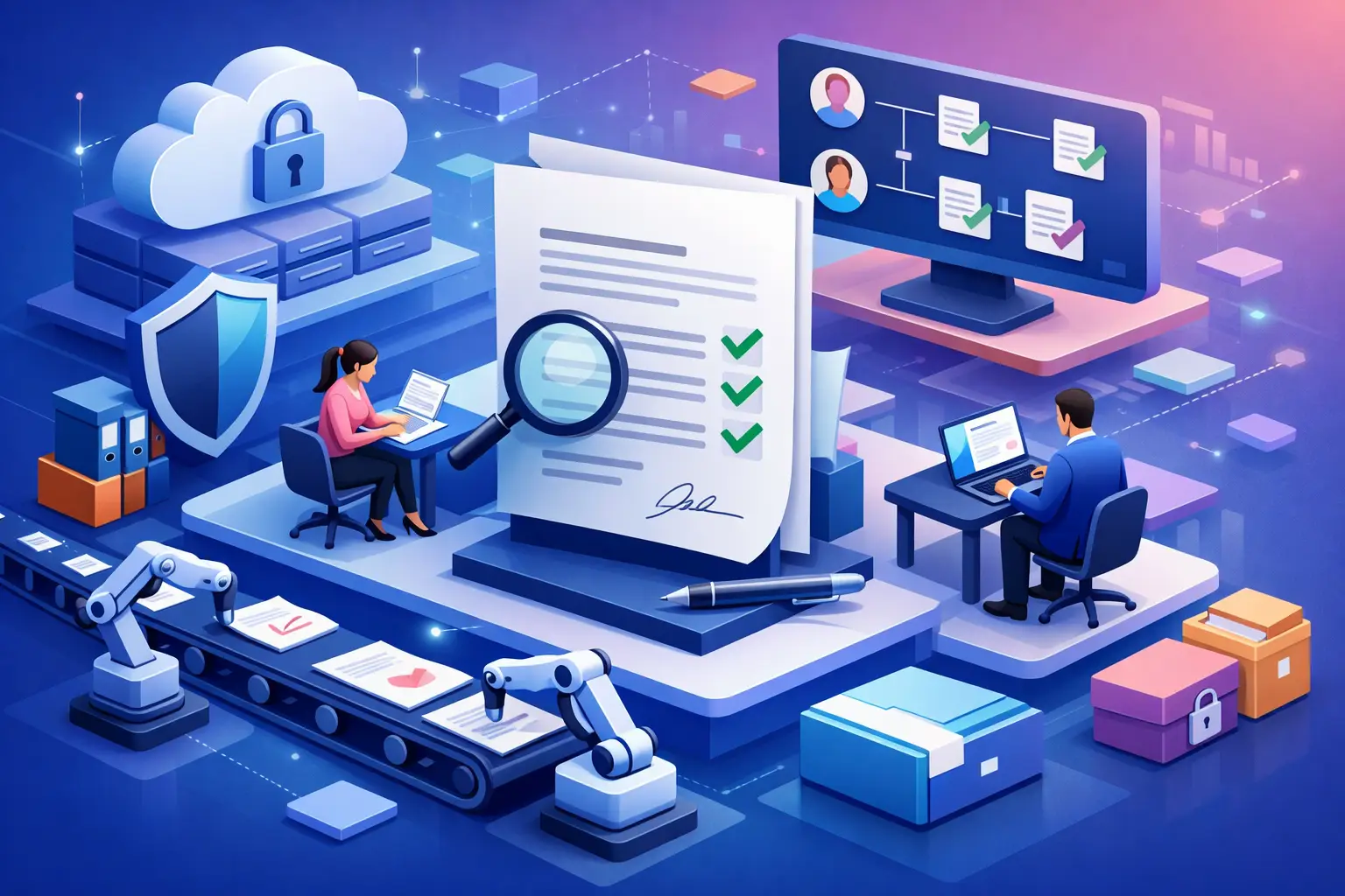 3D illustration of a DPA contract review workflow with document review, approval checkpoints, automation and legal reviewers at laptops