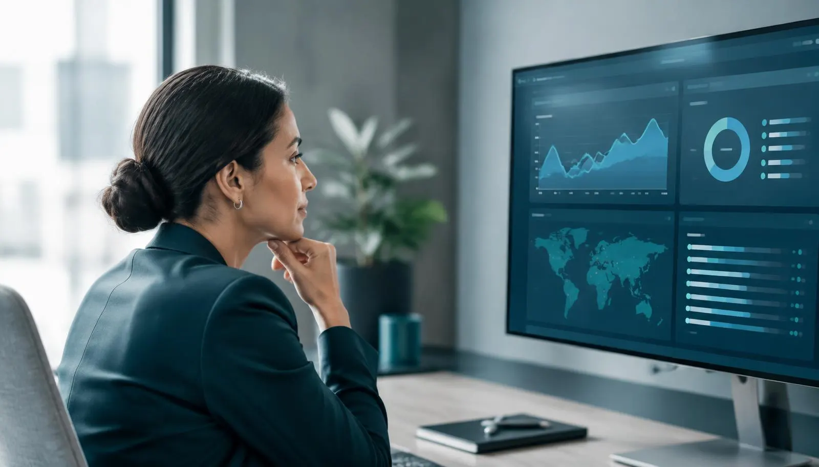 Privacy lead reviewing a privacy control dashboard on a large screen