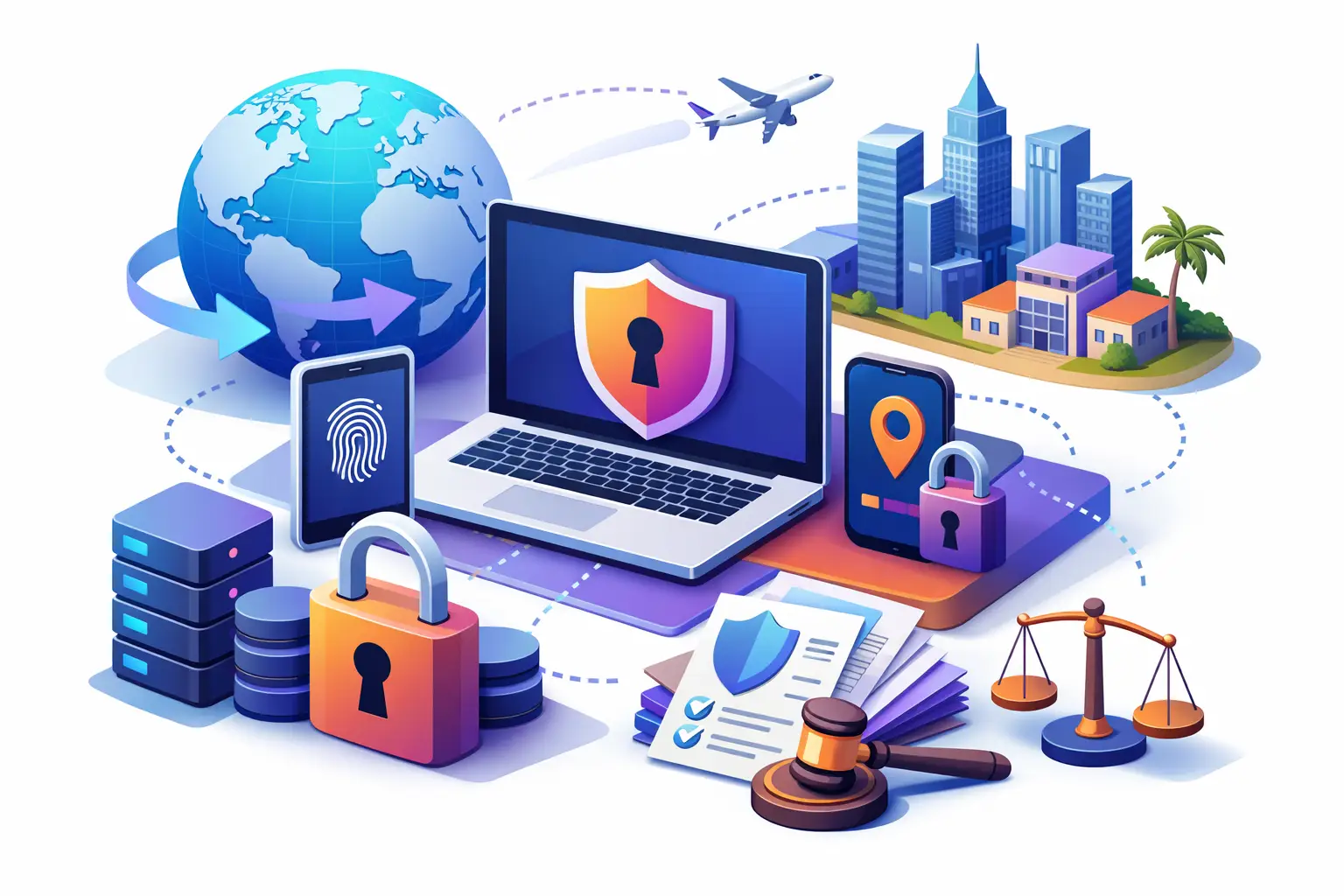 3D illustration of cross-border data flows with globe, secured devices, locks, legal documents and scales of justice