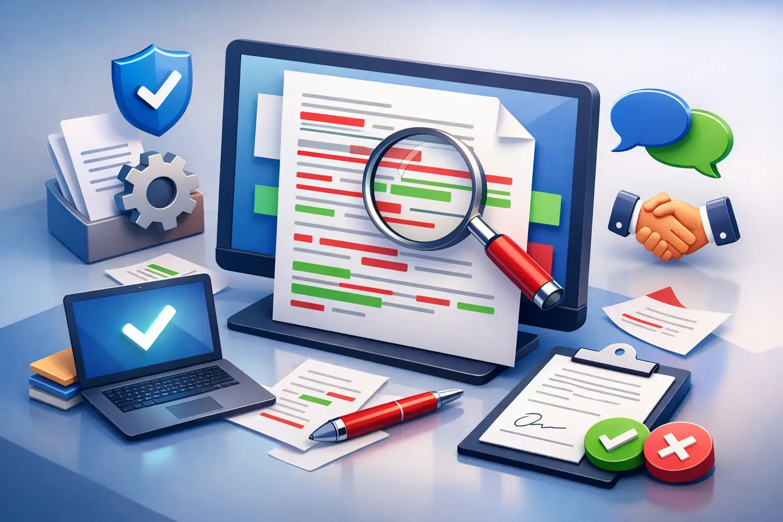 Isometric illustration of a DPA redlining workflow with tracked changes on a contract, magnifier, signature clipboard and approval icons