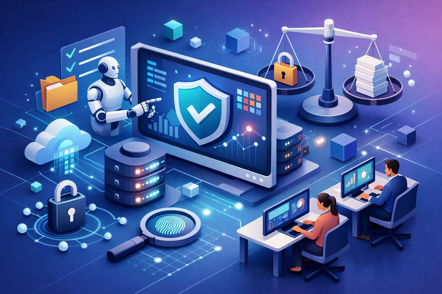 3D illustration of DPIA automation software with a governance dashboard, risk shield, balancing scales and analysts reviewing assessments