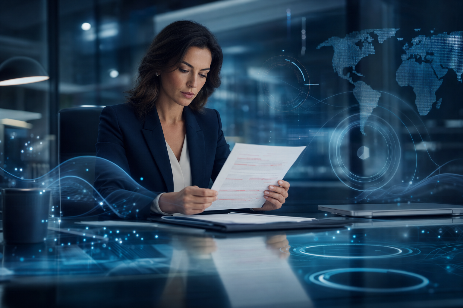 In-house counsel redlining a Data Processing Agreement with holographic ROPA, DPIA and TIA data panels