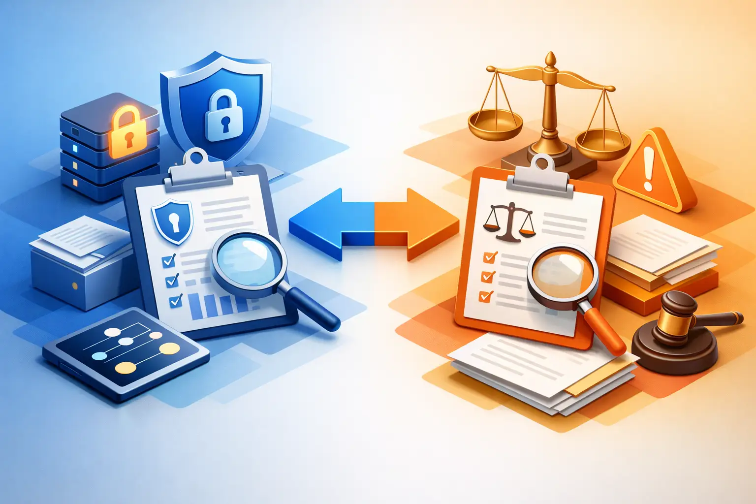 Illustration of a DPIA risk assessment and an LIA balancing test with scales, checklists and a magnifying glass
