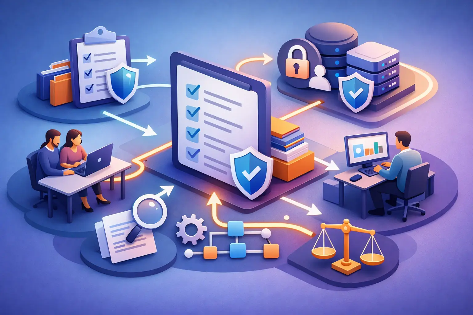 Isometric illustration of a DPIA workflow with assessment checklist, review team, secured data systems and scales of justice