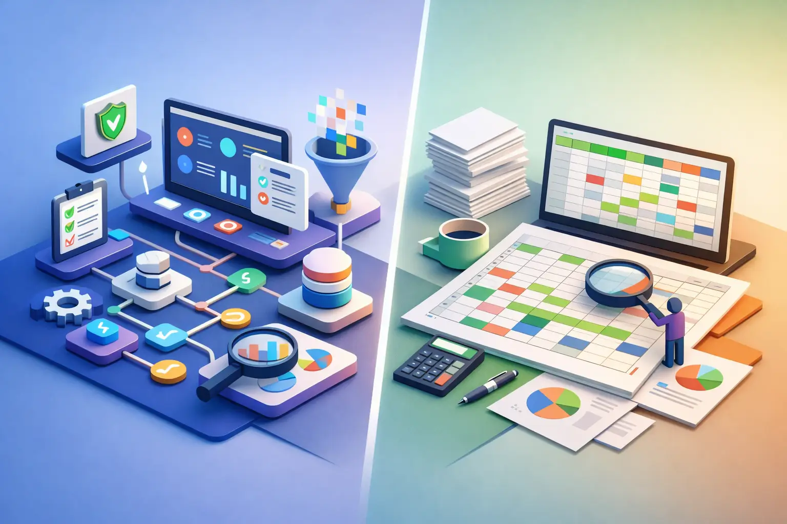 Split 3D illustration comparing an automated DPIA workflow dashboard with a manual spreadsheet and paper-based process