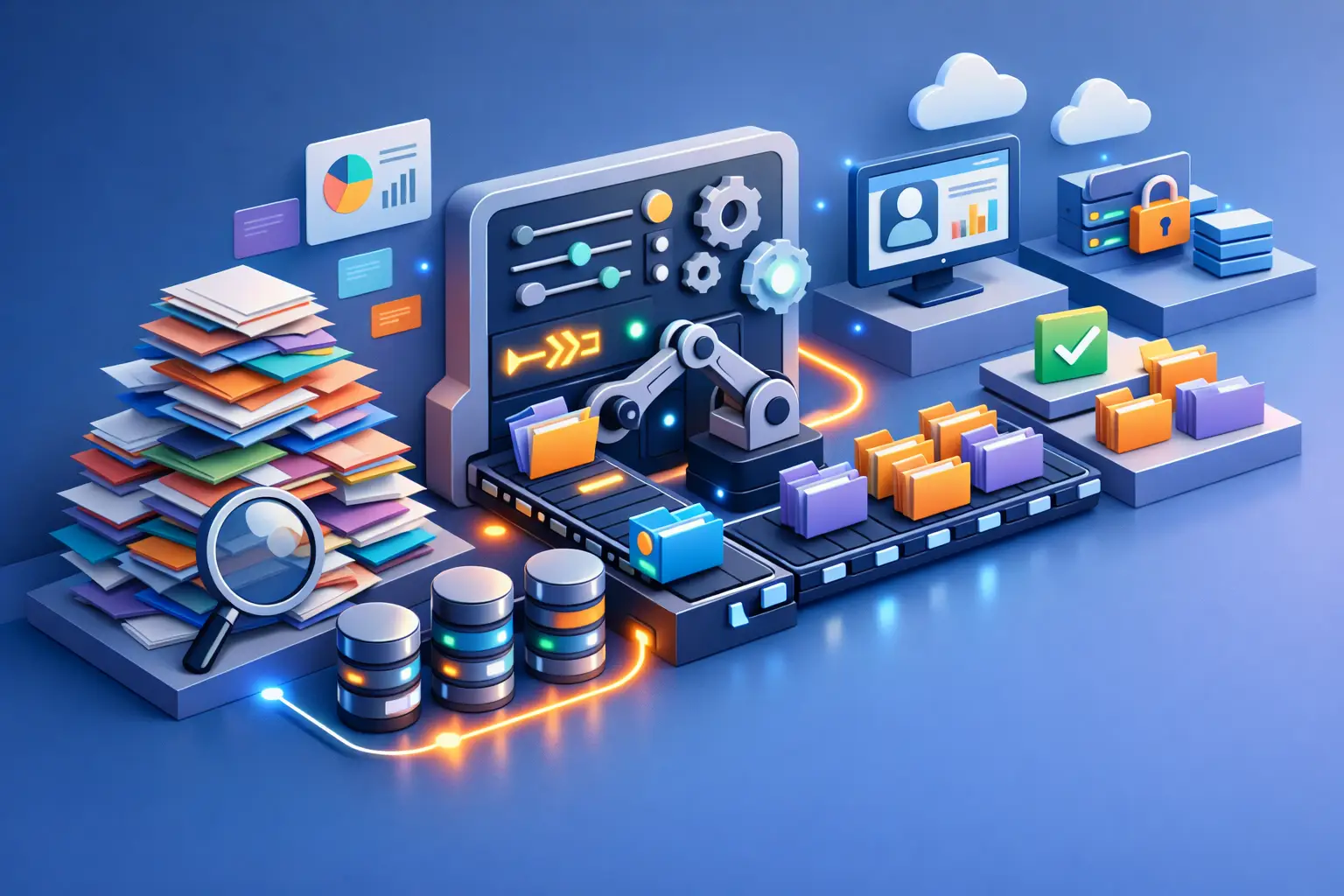 Isometric illustration of a DSAR pipeline moving stacked request files along a conveyor into sorted, verified folders