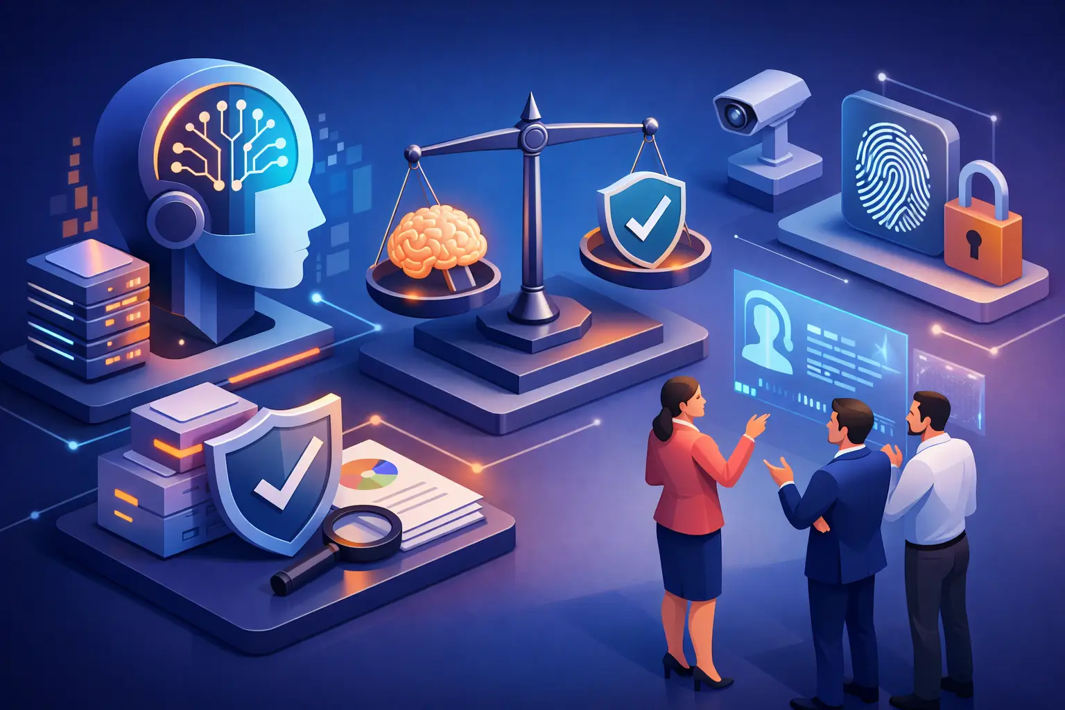 Isometric illustration of AI accountability: AI head, scales of justice, biometric controls and a team reviewing governance records