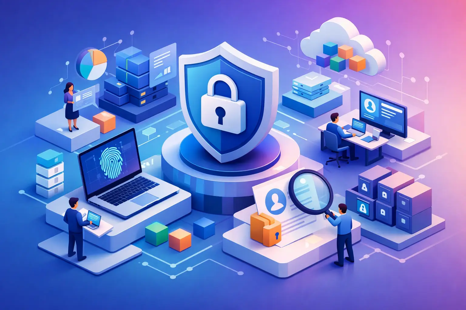 Isometric 3D illustration of enterprise privacy operations with security shield, teams at laptops, data records and cloud systems