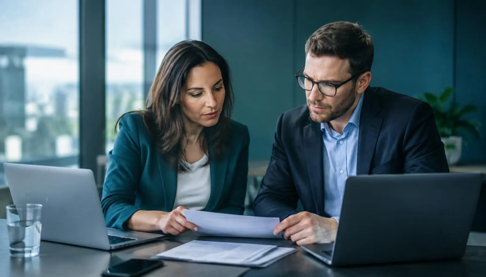 Two colleagues reviewing data sharing and deployment documentation at a meeting table