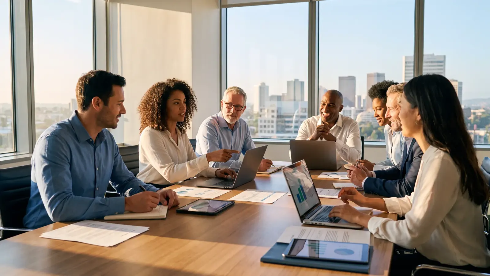 Privacy and compliance team reviewing governance data together in a boardroom