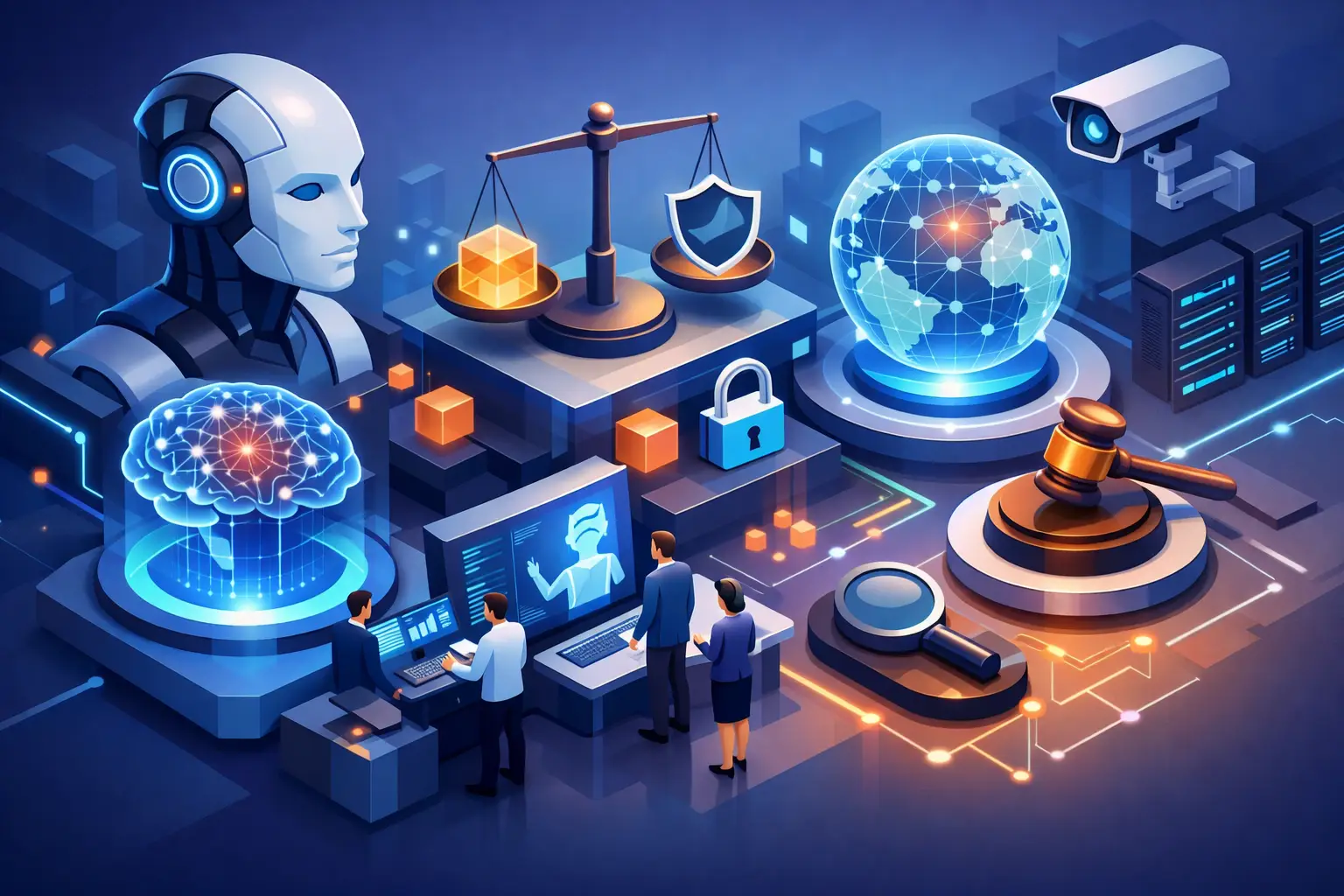 Isometric 3D illustration of AI governance operations with robot, scales of justice, global network, gavel and analysts at dashboards