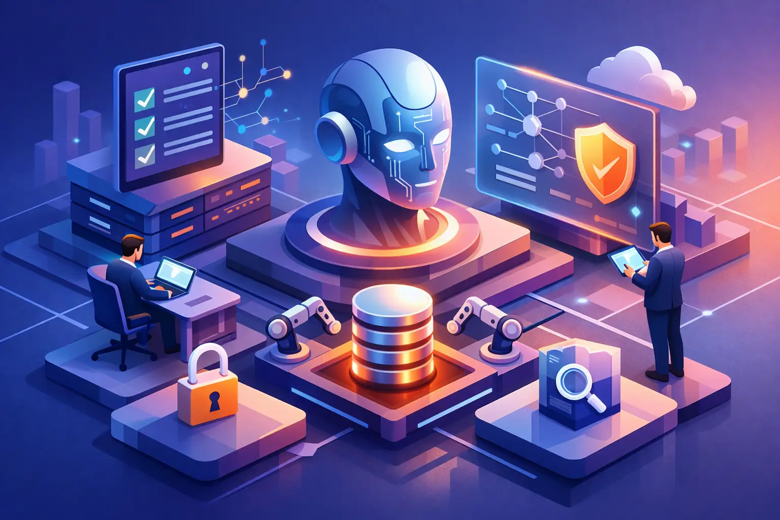 Isometric illustration of an AI register with governance dashboard, system inventory, access controls and oversight workflows