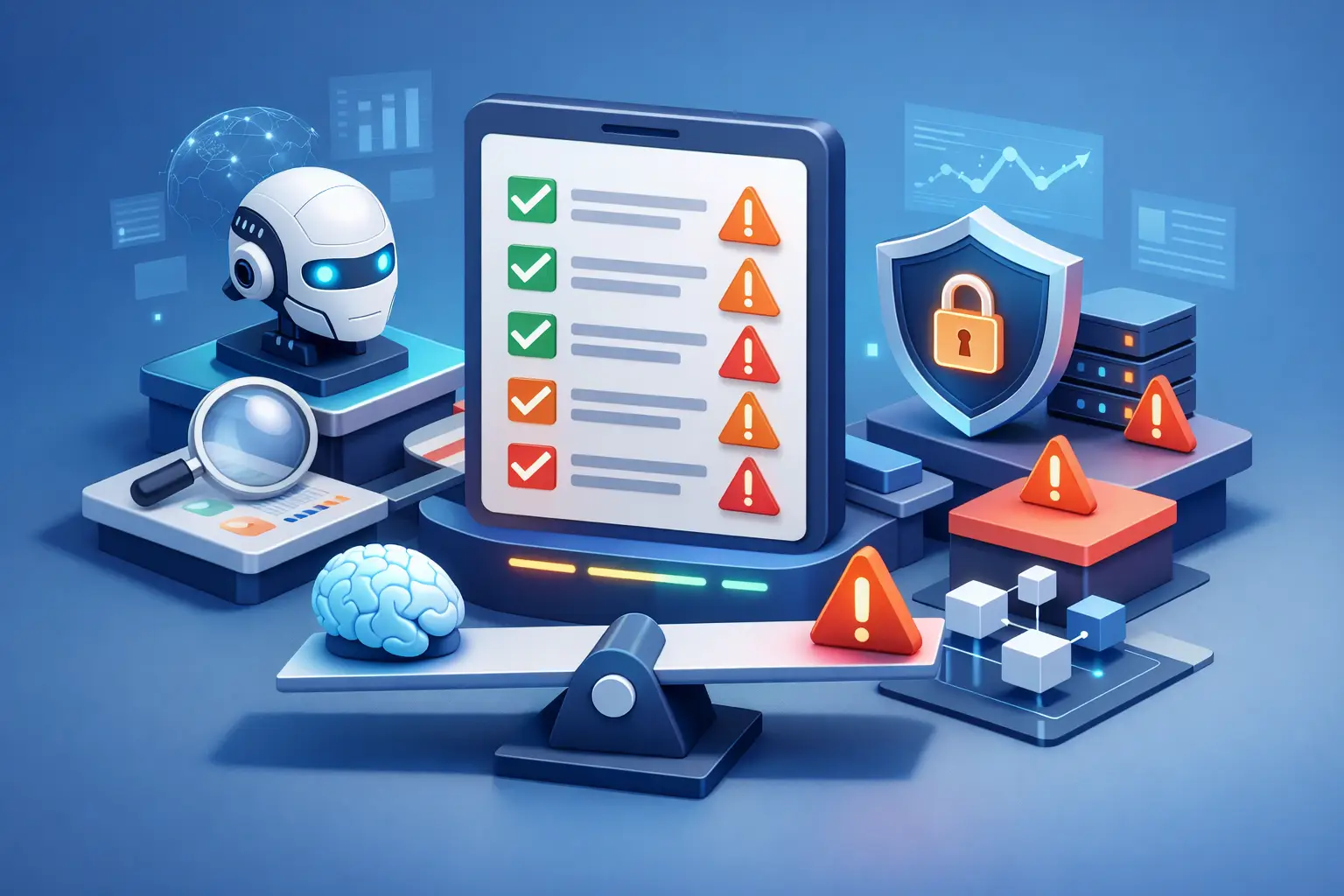 3D illustration of an AI risk register with checklist screen, warning triangles, robot, security shield and balancing scales