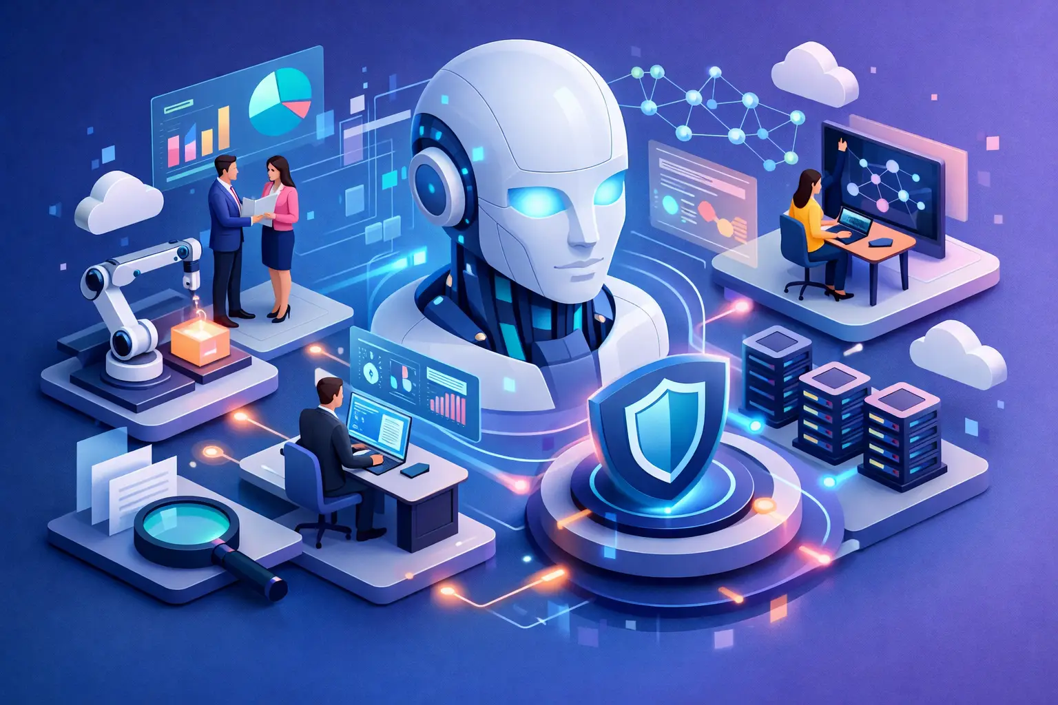 Isometric illustration of AI vendor governance with central AI head, analysts at dashboards, servers and a security shield