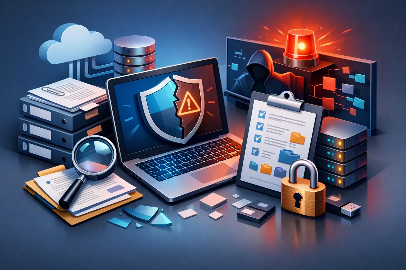 3D illustration of breach response records with a cracked security shield on a laptop, alert monitor, case checklist and secured archives