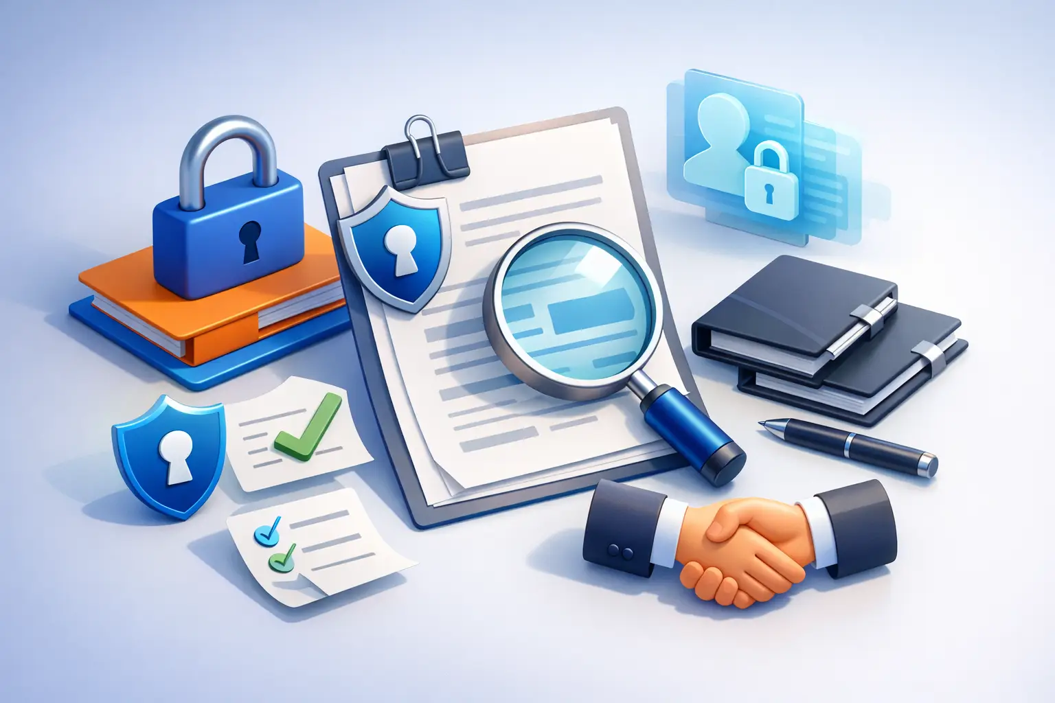 Isometric illustration of contract privacy review with clipboard, magnifying glass, shields, padlocks and a handshake