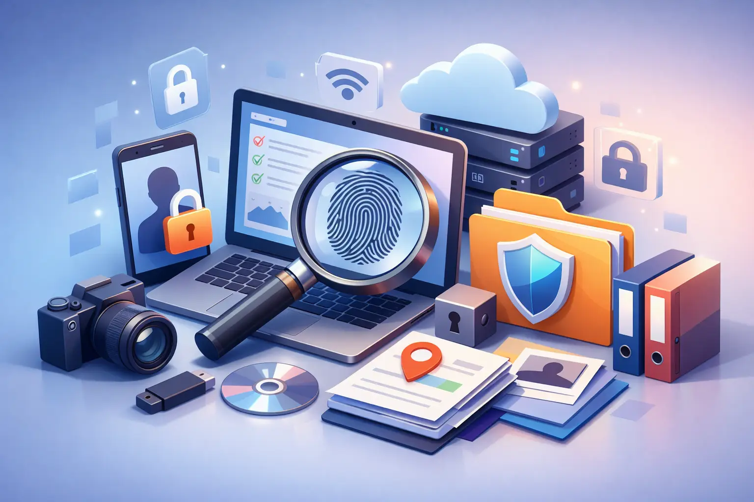 3D illustration of privacy evidence collection with laptop checklist, magnifier, secured folders, cloud storage and record binders