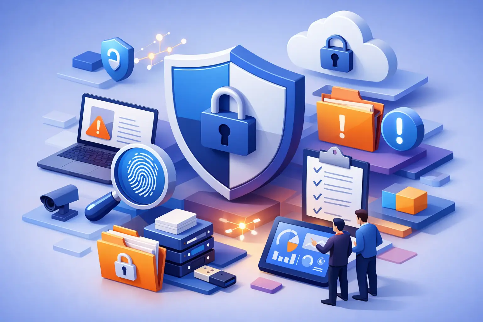 3D illustration of privacy incident governance with shield and padlock, forensic magnifier over fingerprint, incident dashboard and reviewers coordinating response