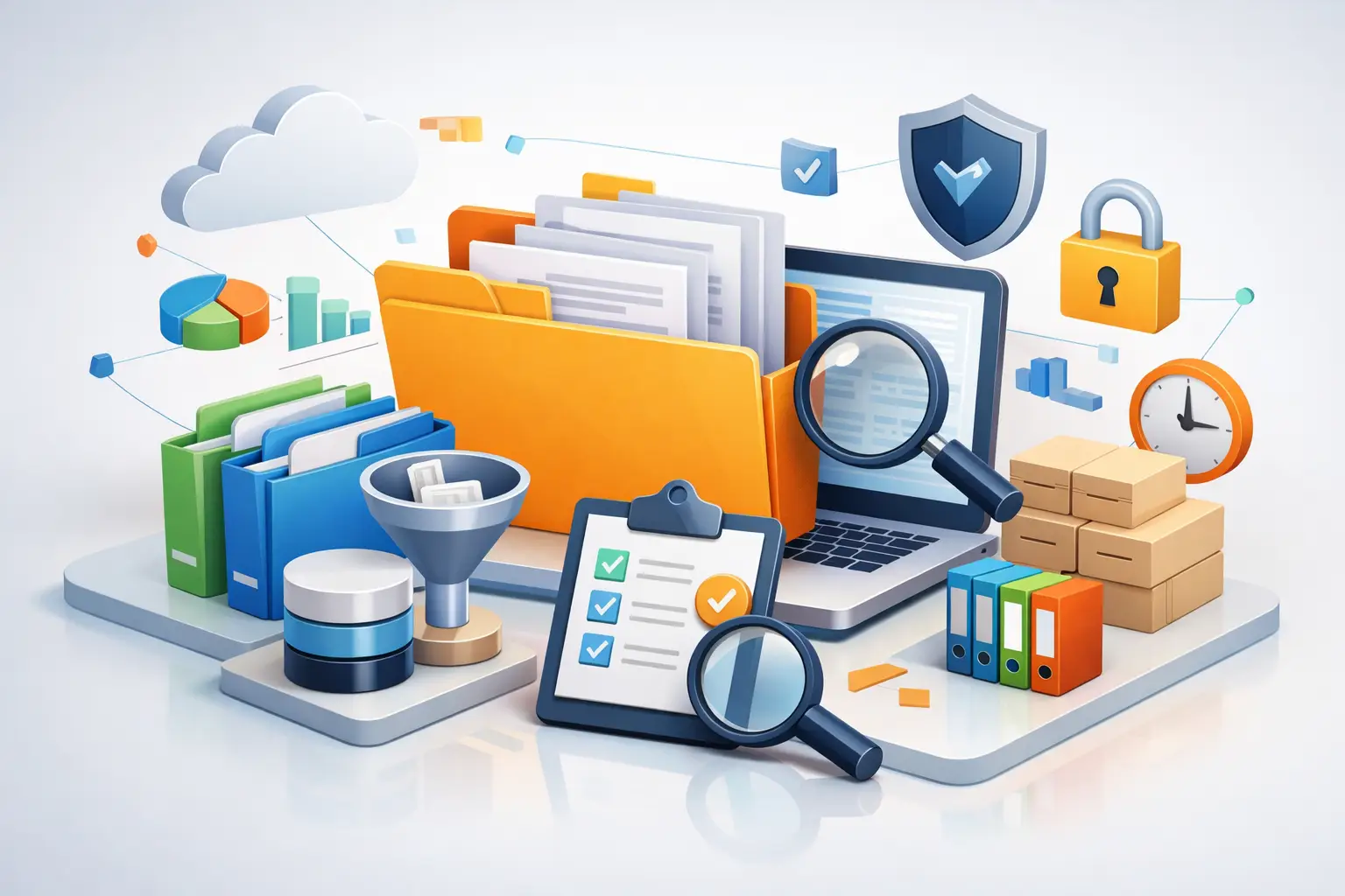 Isometric illustration of processing records management with folders, laptop, clipboard, magnifier, padlock and audit icons