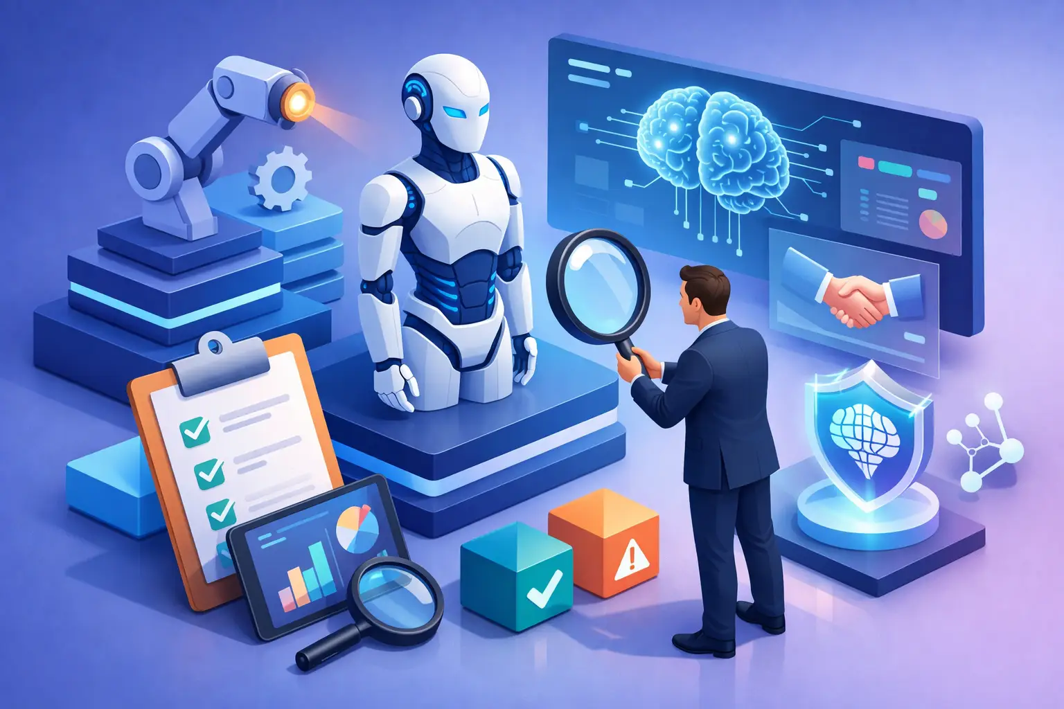 Isometric illustration of an analyst reviewing an AI supplier with a magnifying glass over a brain dashboard, robot figure and checklist