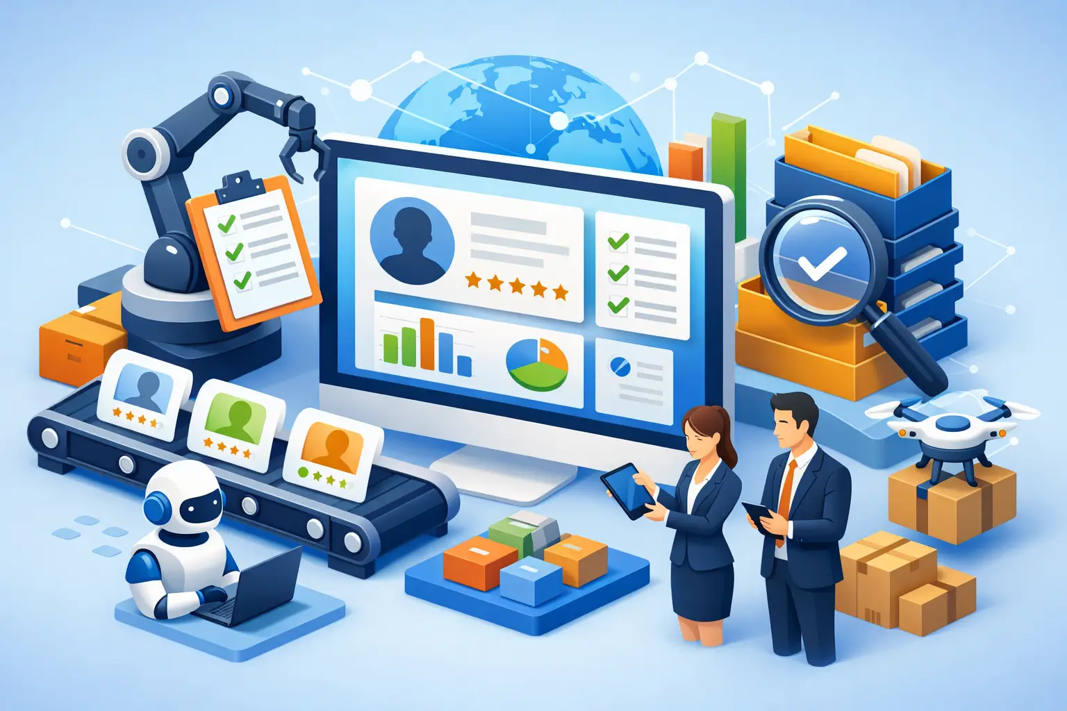 3D illustration of automated supplier review with scored vendor records, dashboards, checklists and reviewers